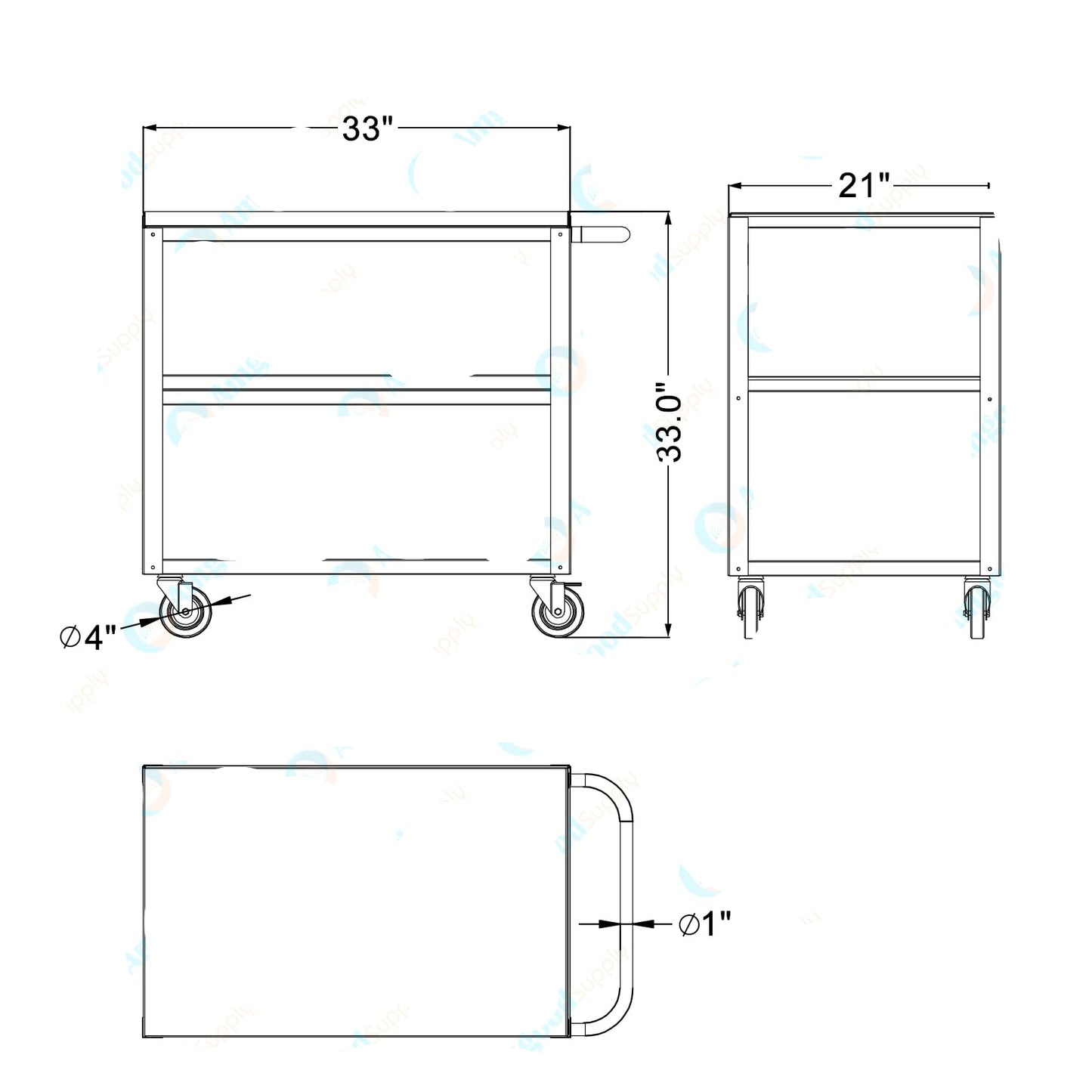 21 in. Wide X 33 in. Long X 33 in High | 3 Shelf Metal Utility Cart on Wheels with Handle