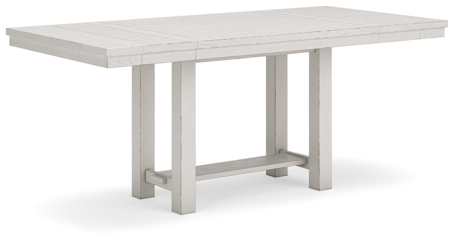 Distressed Counter Height Dining Extension Table with Trestle Base, Planked Effect and 2 Removable End Leaves, White