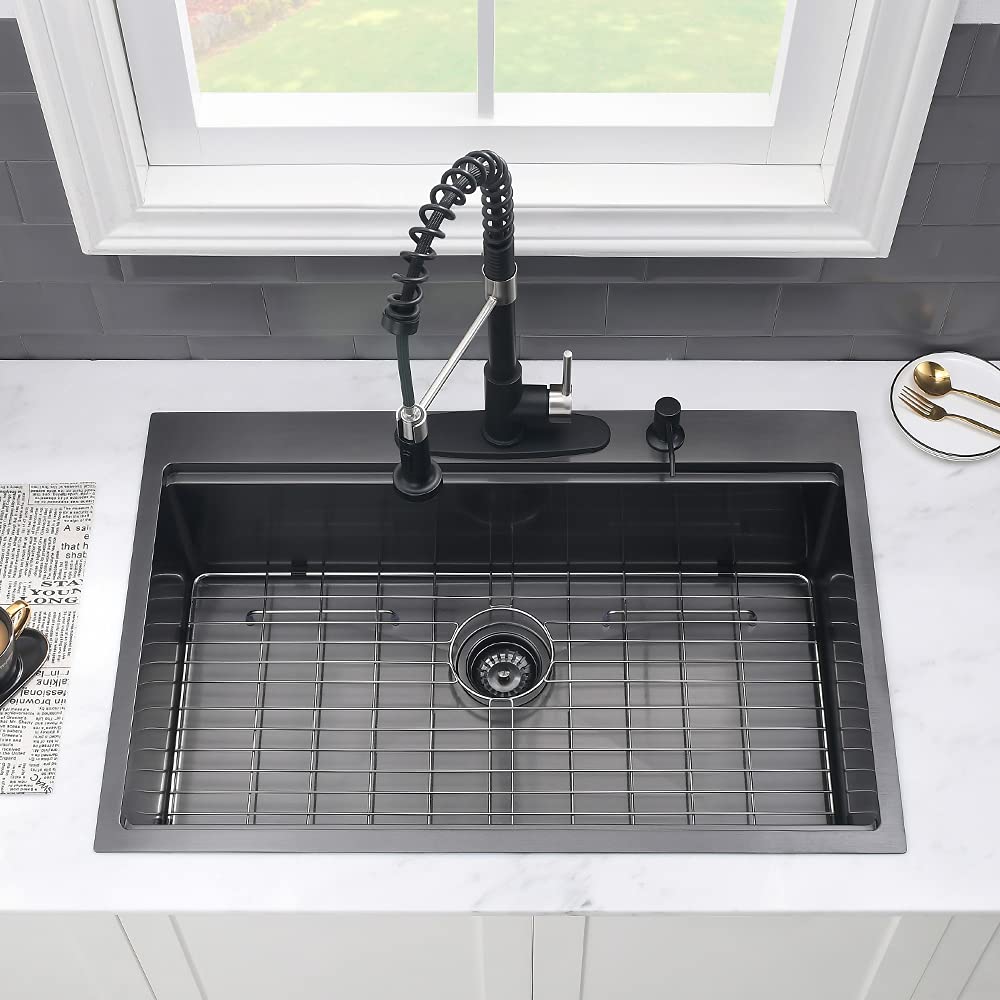 33 Inch Black Drop In Kitchen Sink Workstation-33x19 Kitchen Sink Drop In Black Stainless Steel Workstation Sink 16 Gauge Single Bowl Deep Kitchen Sink with Cutting Board