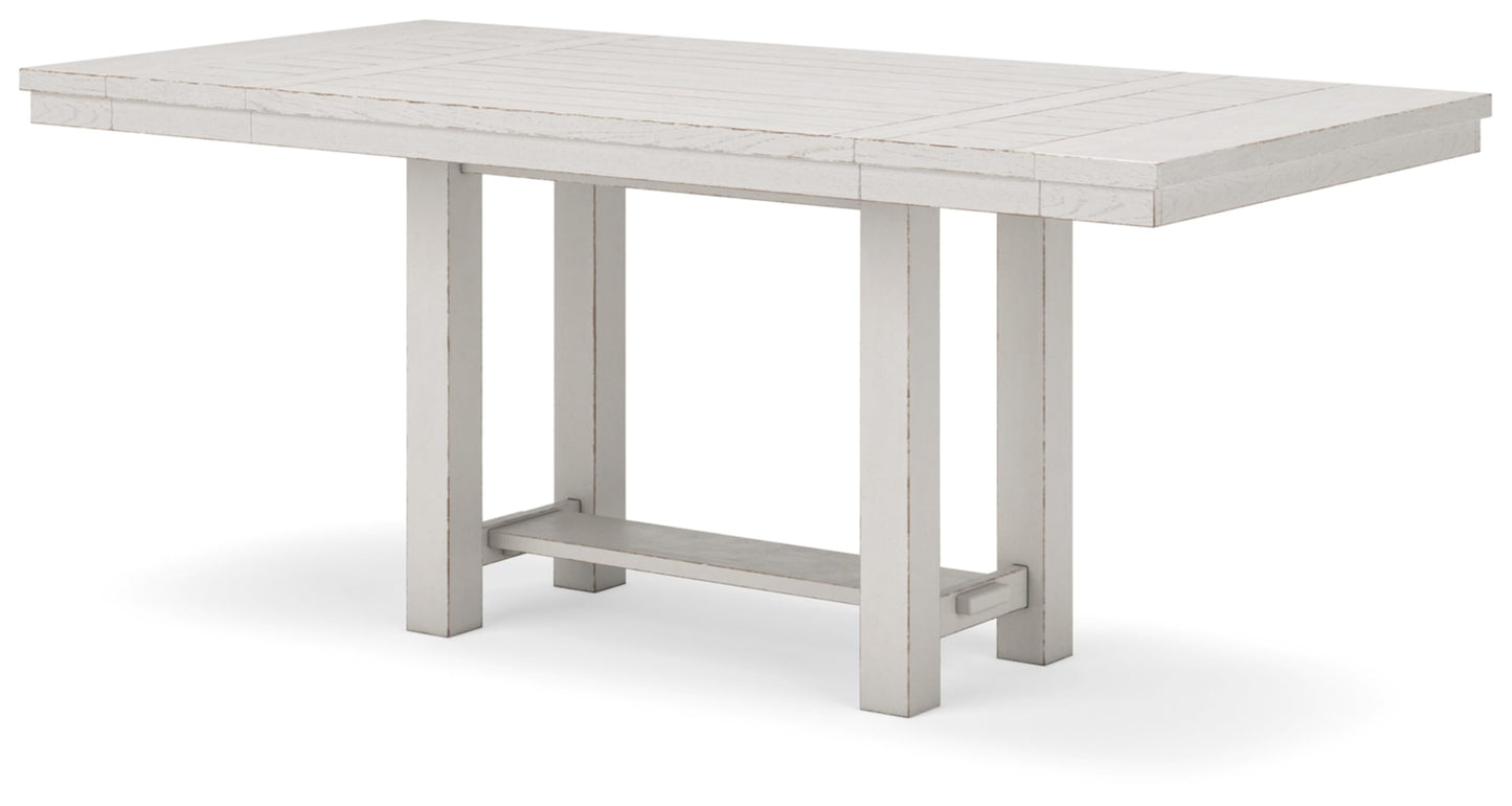 Distressed Counter Height Dining Extension Table with Trestle Base, Planked Effect and 2 Removable End Leaves, White