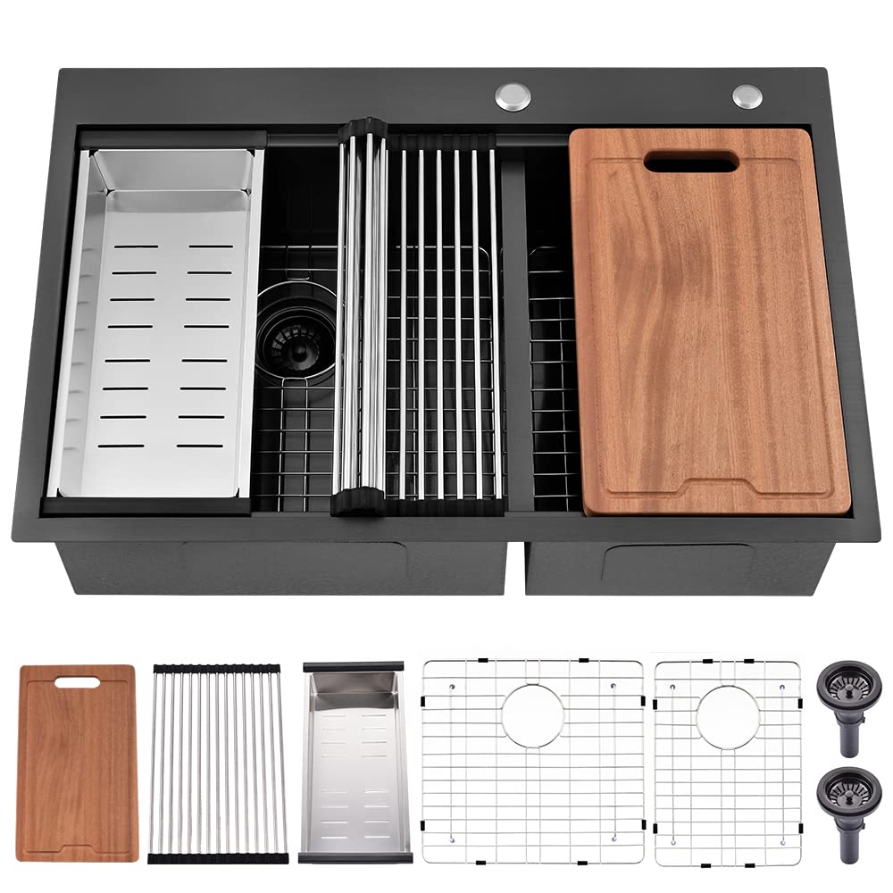 33 Inch Black Drop In Kitchen Sink Double Bowl Workstation-33x22 Double Bowl Kitchen Sink Drop In Black Stainless Steel Kitchen Sink 16 Gauge Low Divide 60/40 Kitchen Sink with Cutting Board