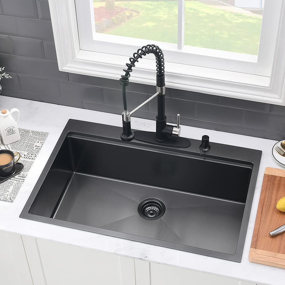 33 Inch Black Drop In Kitchen Sink Workstation-33x19 Kitchen Sink Drop In Black Stainless Steel Workstation Sink 16 Gauge Single Bowl Deep Kitchen Sink with Cutting Board