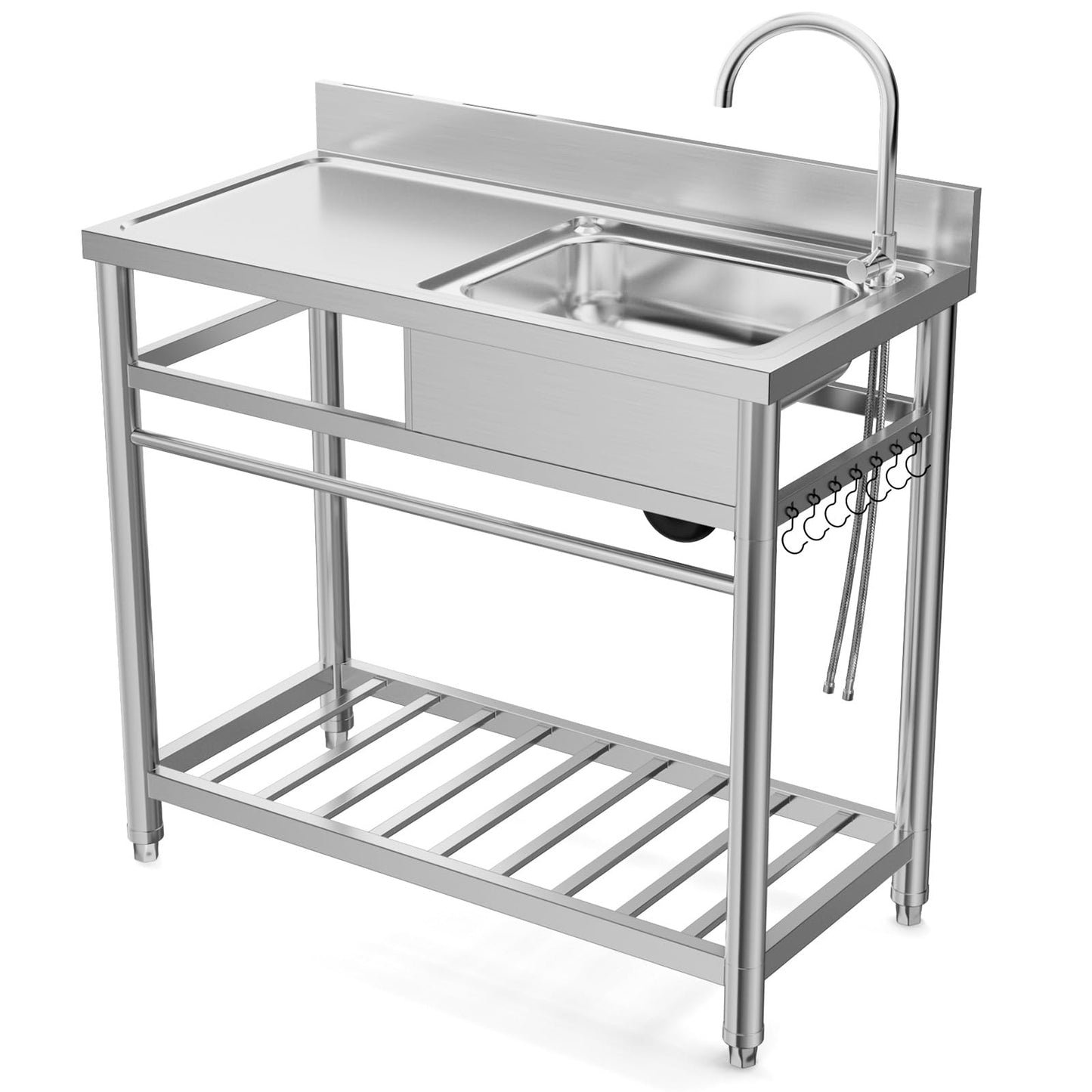 Stainless Steel Prep & Utility Sink With Countertop Faucet Hose Free Standing Single Bowl Commercial Kitchen Sink Workbench/Drainboard with Legs Hooks Shelf for Restaurant Laundry Room Garage Outdoor