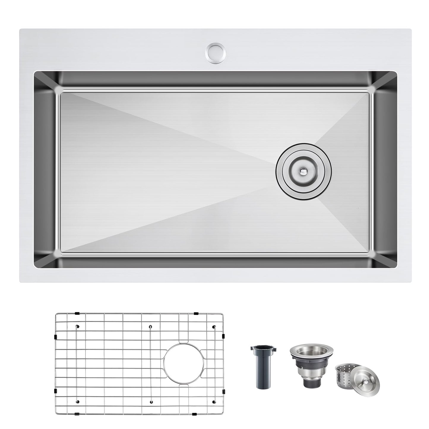 26 inch Drop-in Kitchen Sink Single Bowl, Topmount Kitchen Sink with Protective Bottom Grid, Overmount 304 Stainless Steel Kitchen Bar Sink Handmade with Basket Strainer, 26×18×9 inch