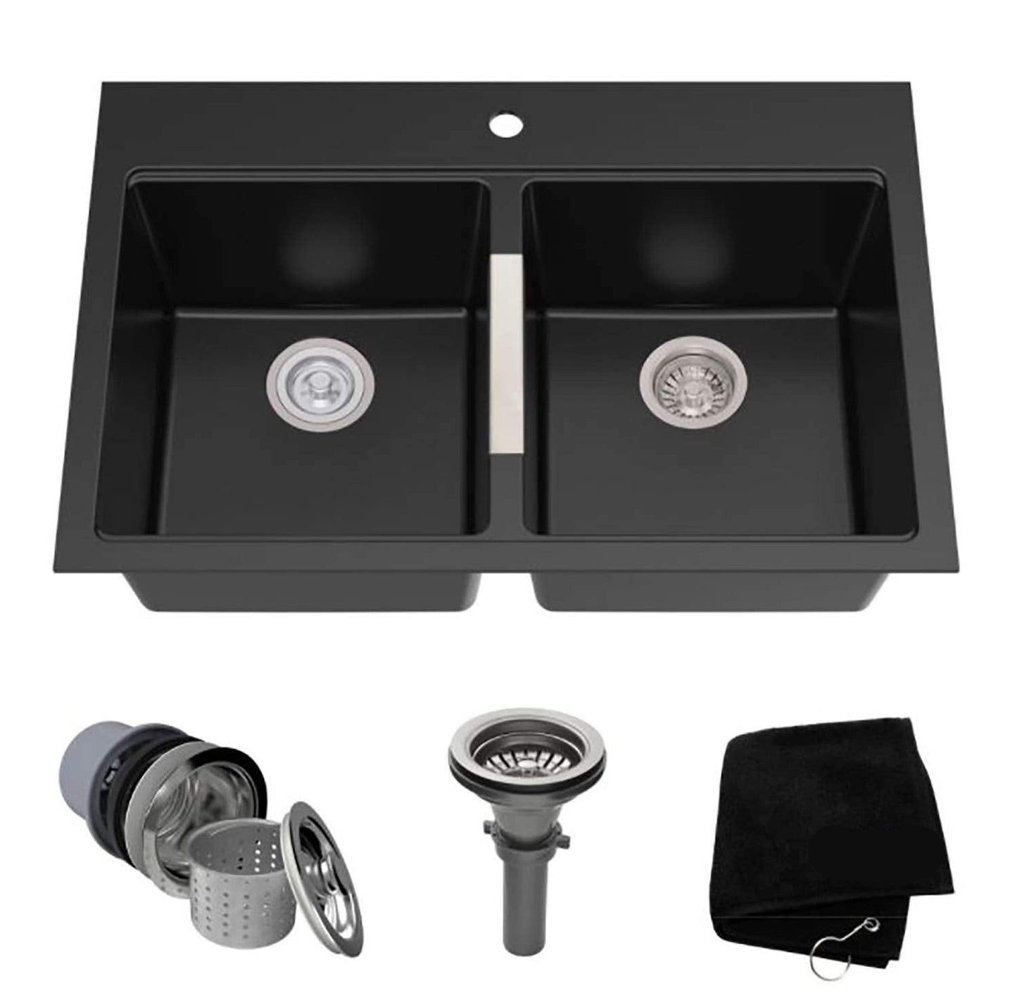 Quarza 33-inch Drop-In/Undermount 50/50 Double Bowl Granite Kitchen Sink in Black Onyx