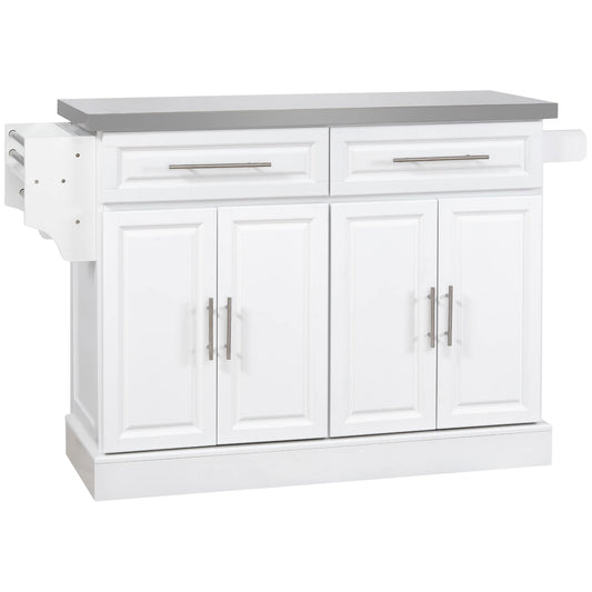 Rolling Kitchen Island with Storage, Portable Kitchen Cart with Stainless Steel Top, 2 Drawers, Spice, Knife and Towel Rack and Cabinets, White