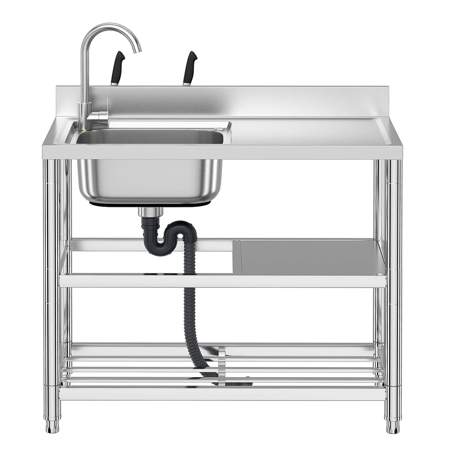 Free Standing Stainless-Steel Single Bowl Commercial Restaurant Kitchen Sink Set w/Faucet & Drainboard, Prep & Utility Washing Hand Basin w/Workbench & Double Storage Shelves Indoor Outdoor (39.5in)