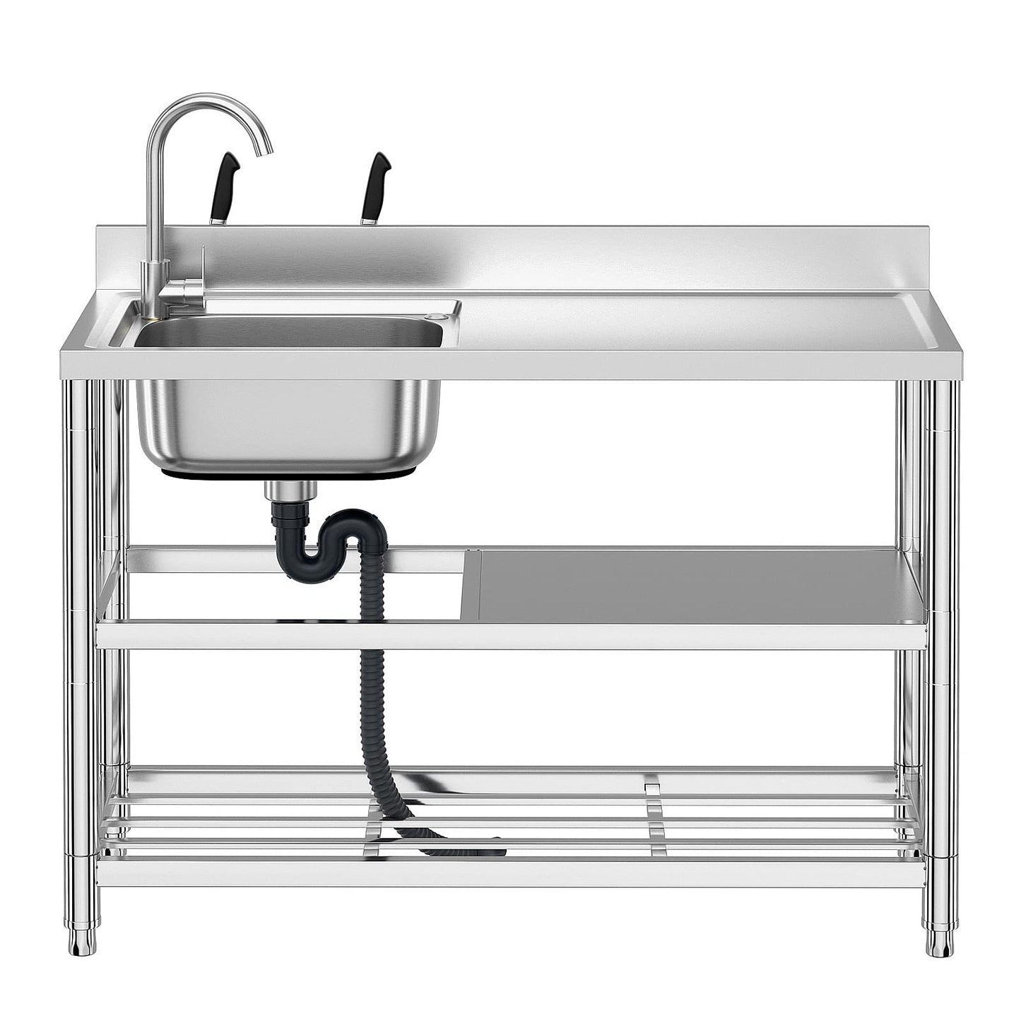 Free Standing Stainless-Steel Single Bowl Commercial Restaurant Kitchen Sink Set w/Faucet & Drainboard, Prep & Utility Washing Hand Basin w/Workbench & Double Storage Shelves Indoor Outdoor (47in)