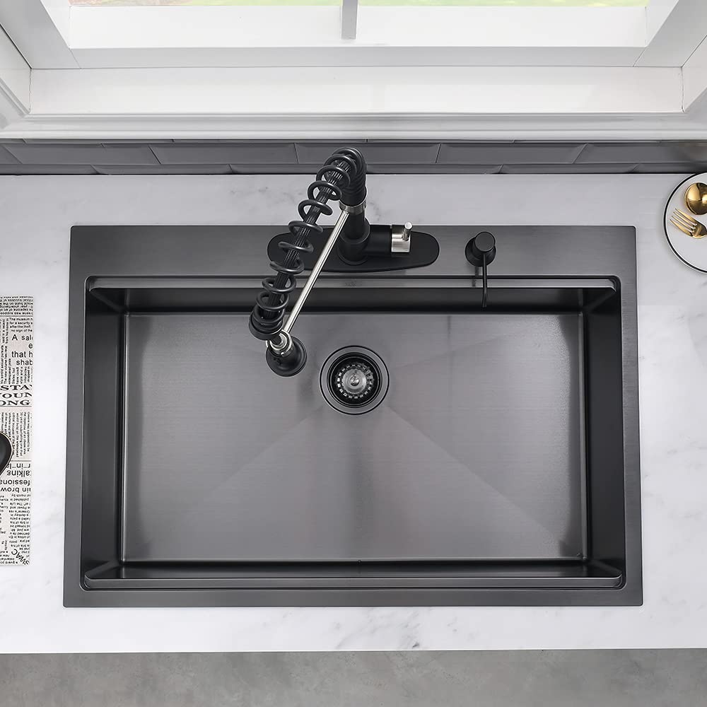 33 Inch Black Drop In Kitchen Sink Workstation-33x19 Kitchen Sink Drop In Black Stainless Steel Workstation Sink 16 Gauge Single Bowl Deep Kitchen Sink with Cutting Board