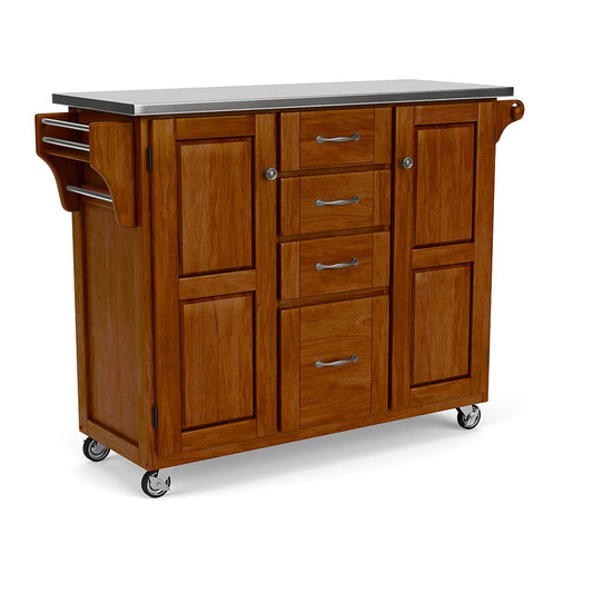 Create-a-Cart Medium Cherry Two-door Cabinet with Stainless Steel Top, Two Wood Panel Doors, Adjustable Shelves, Four Drawers, Two Towel Bars, Spice Rack, and Rubber Casters