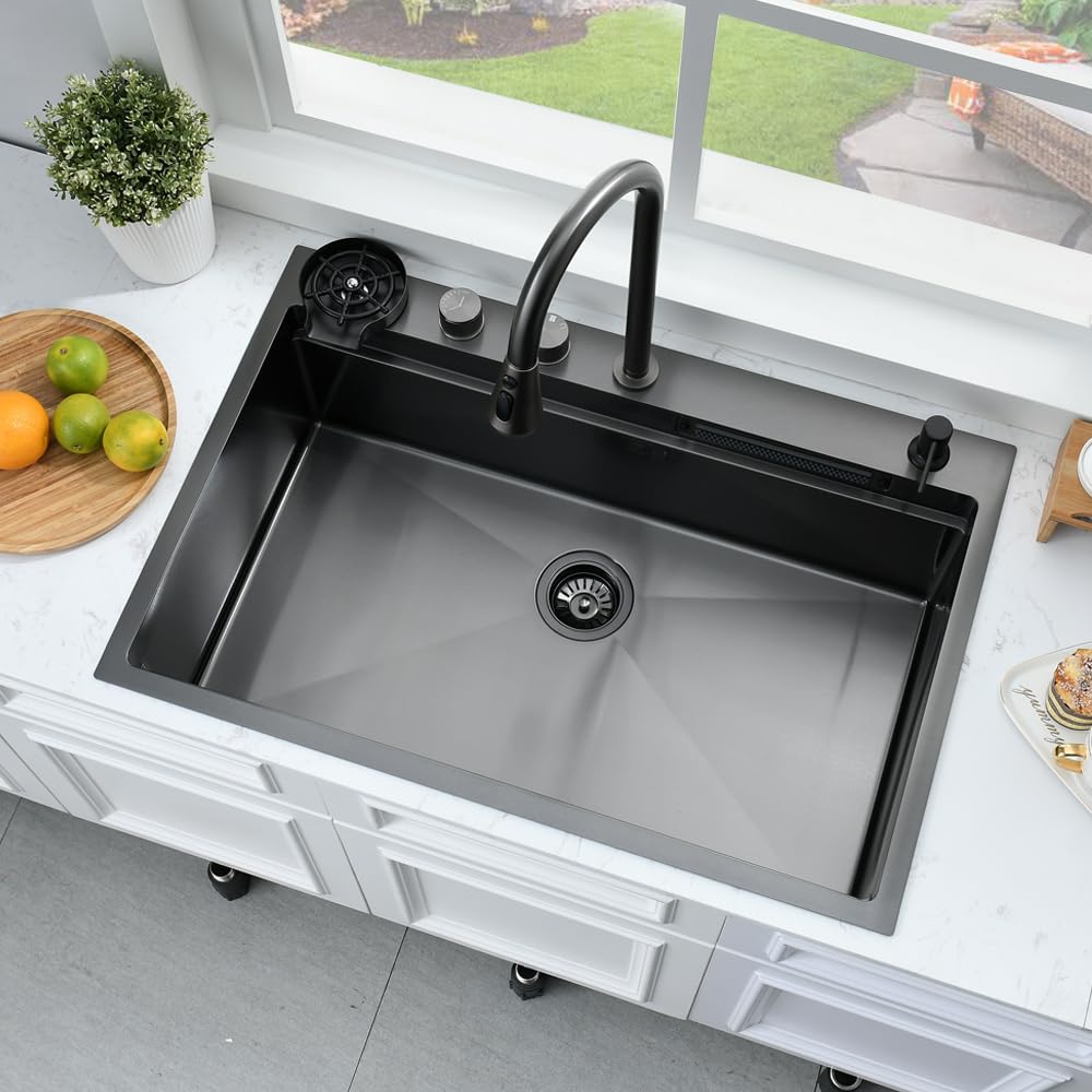 33 Inch Black Waterfall Kitchen Sink Drop In  33x22 Inch Drop In Waterfall Sink Black Stainless Steel Smart Kitchen Sink 16 Guage Single Bowl Kitchen Sink with Faucet and Cup Washer