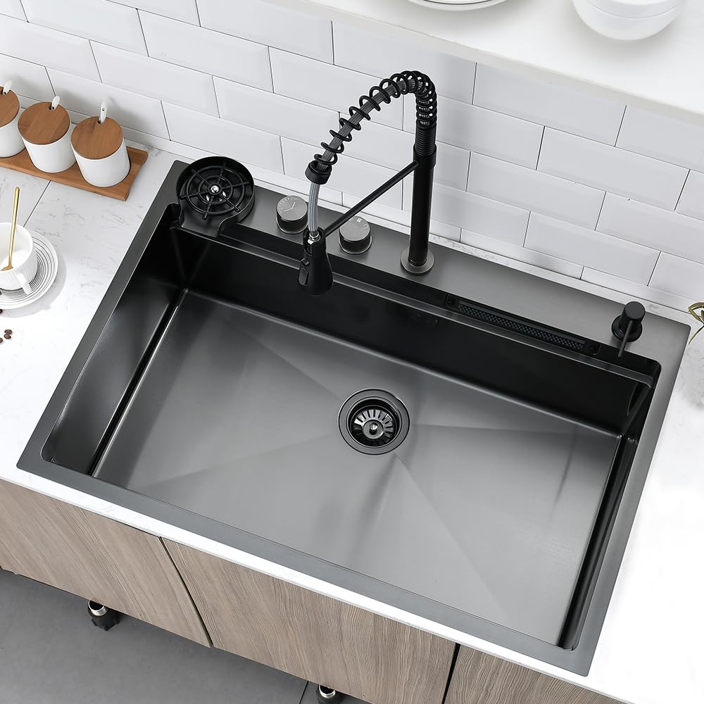 33 Inch Black Drop In Waterfall Sink with Faucet Combo, 33x22 Waterfall Kitchen Sink Drop In Workstation 16 Gauge Stainless Steel Smart Kitchen Sink Single Bowl Kitchen Sink with Cup Washer