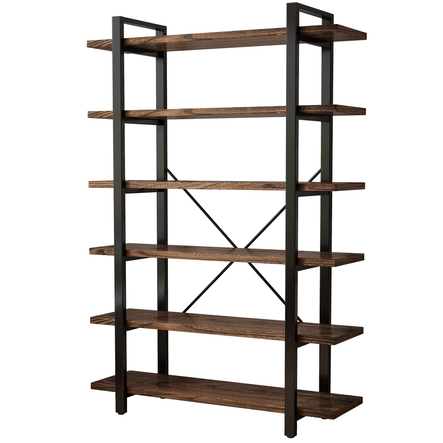 Solid Wood Bookcase and Book Shelves Wood and Metal Shelving Unit 5 Tier Bookshelf Modern Rustic Open Bookshelf Office,Distressed Brown (AY-02-6Tier)