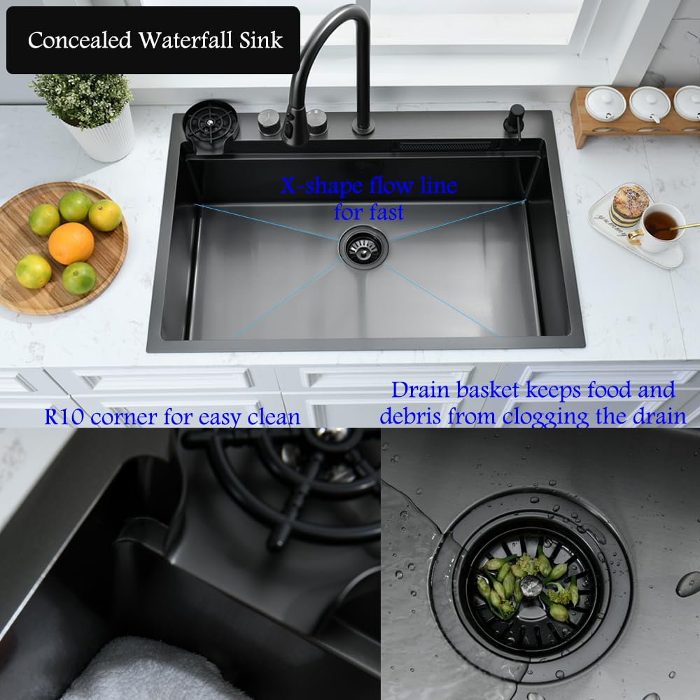 33 Inch Black Waterfall Kitchen Sink Drop In  33x22 Inch Drop In Waterfall Sink Black Stainless Steel Smart Kitchen Sink 16 Guage Single Bowl Kitchen Sink with Faucet and Cup Washer