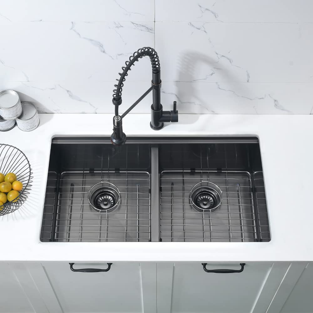 33 Inch Double Bowl Undermount Kitchen Sink Workstation-33x19 Double Bowl Kitchen Sink Undermount Black Stainless Steel 16 Gauge Deep Low Divided 50/50 Undermount Double Bowl Kitchen Sink