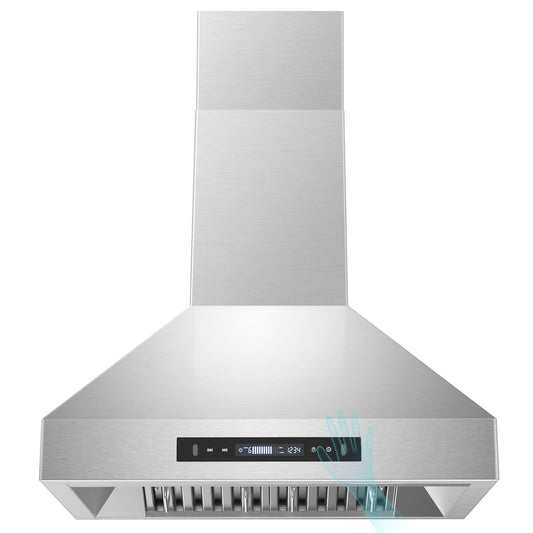 30 inch Range Hood, Wall Mount Kitchen Hood 900 CFM Ducted/Ductless Convertible with Gesture Sensing & Touch Control, Stainless Steel Vent Hood 3 Speed Exhaust Fan, 4 Baffle Filters