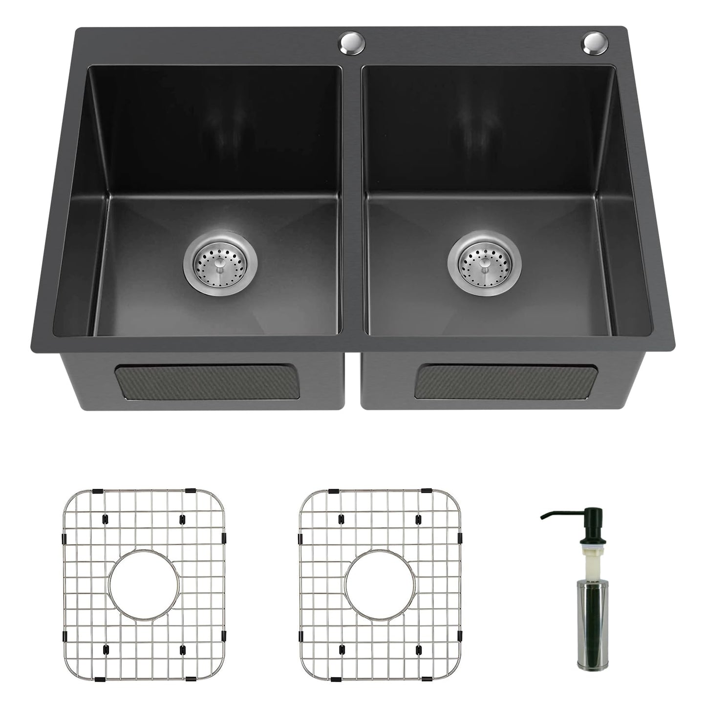 Black Double Bowl Sink - 50/50, 33x22x9-Inch Topmount - Stainless Steel - Drop In - Includes Sink Grid, Soap Dispenser, Drain Strainer