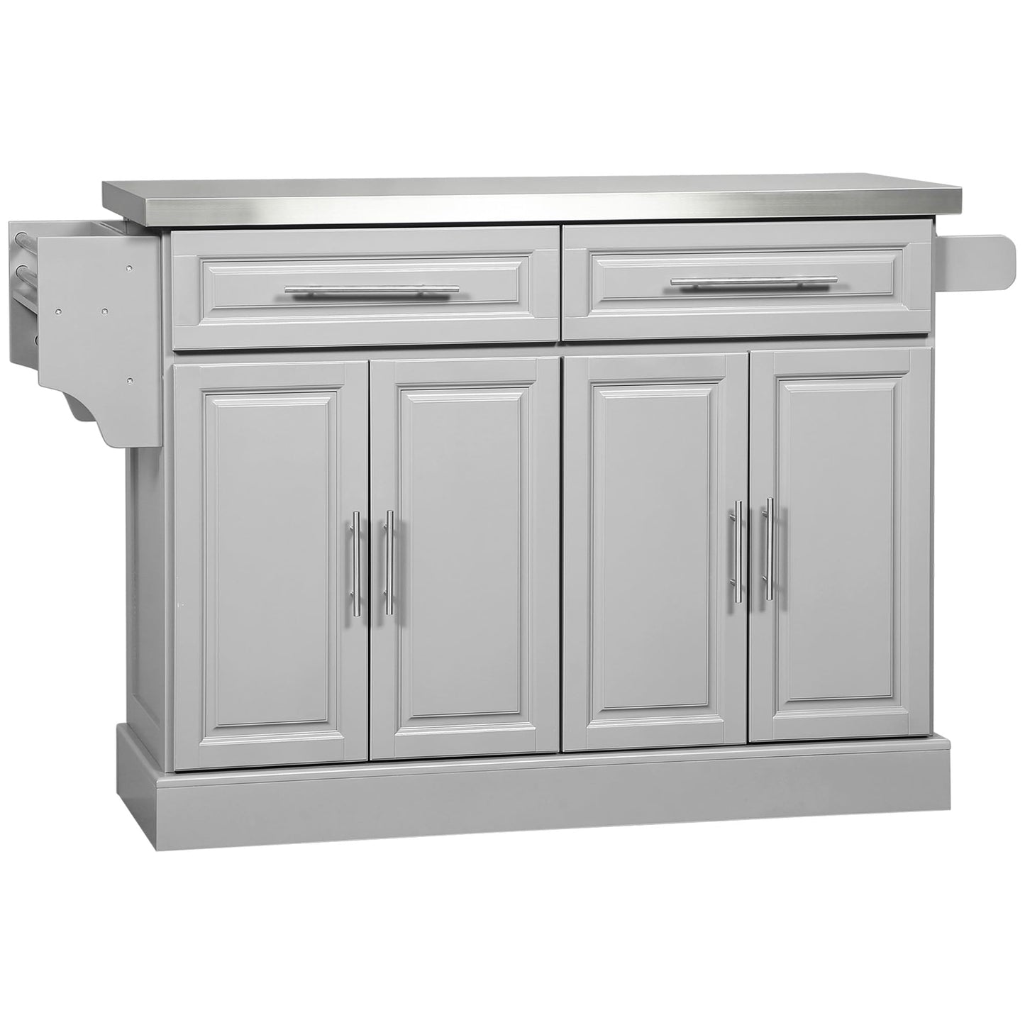 Rolling Island with Wheels for Kitchen, Portable Kitchen Island with Stainless Steel Top, Adjustable Shelves, 2 Drawers, Spice, Knife and Towel Rack, Gray