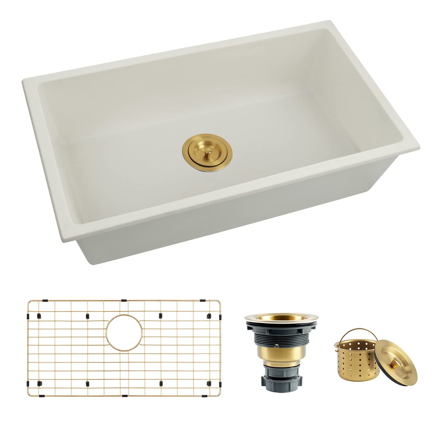 White Kitchen Sink 31 X 18 inch,Single Bowl Undermount Sink,White Granite Sink with Gold Sink Grid and Gold Sink Strainer