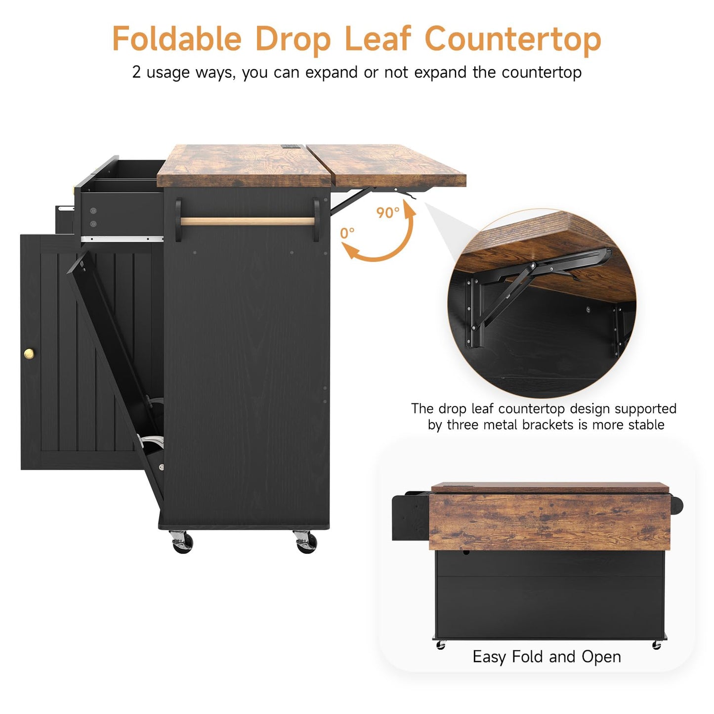 60" Kitchen Island with Power Outlet & Drop Leaf, Kitchen Rolling Island with Spice Rack & Towel Rack, Knife Holder, Kitchen Island Cart with Trash Storage Cabinet, Mobile Island Table for Kitchen