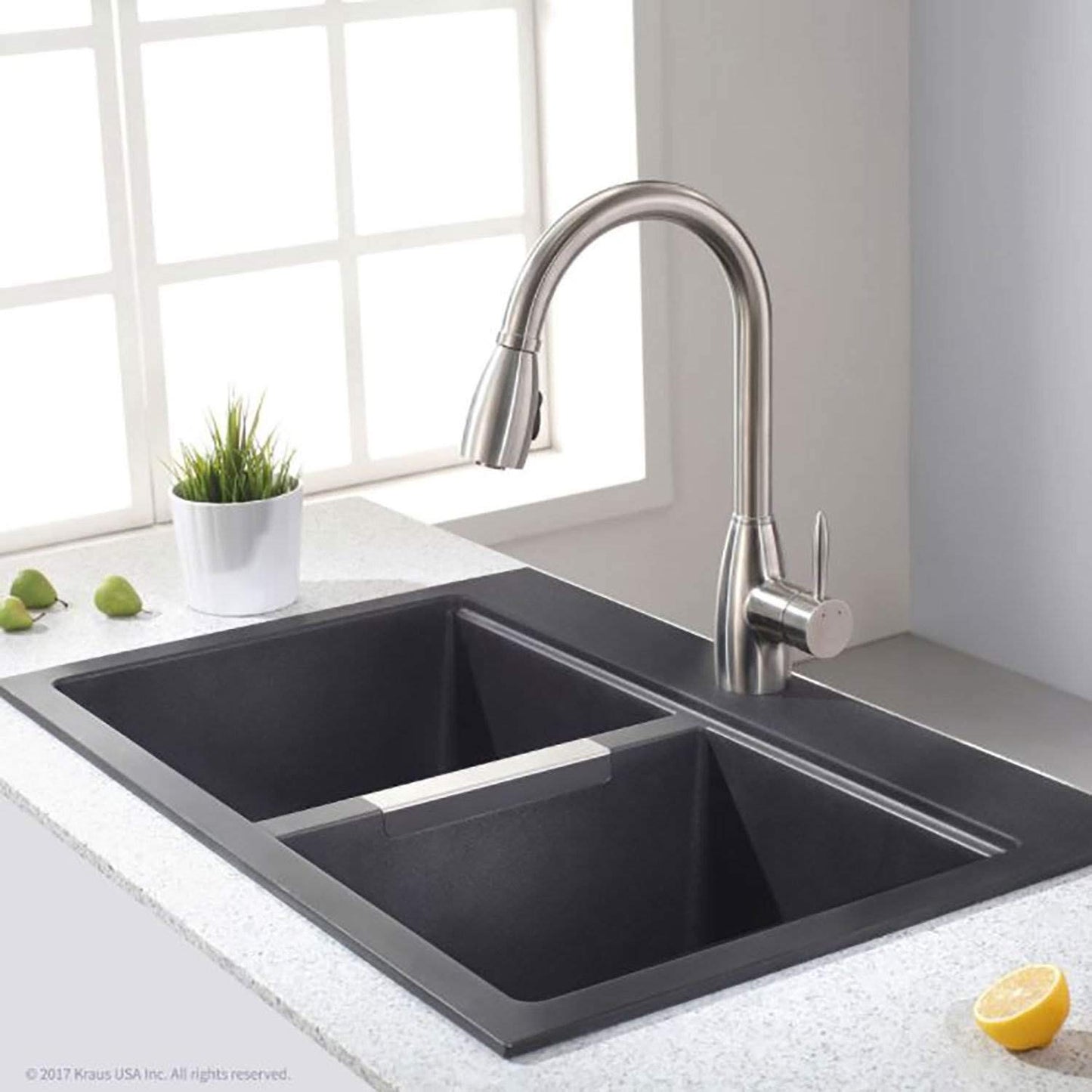 Quarza 33-inch Drop-In/Undermount 50/50 Double Bowl Granite Kitchen Sink in Black Onyx