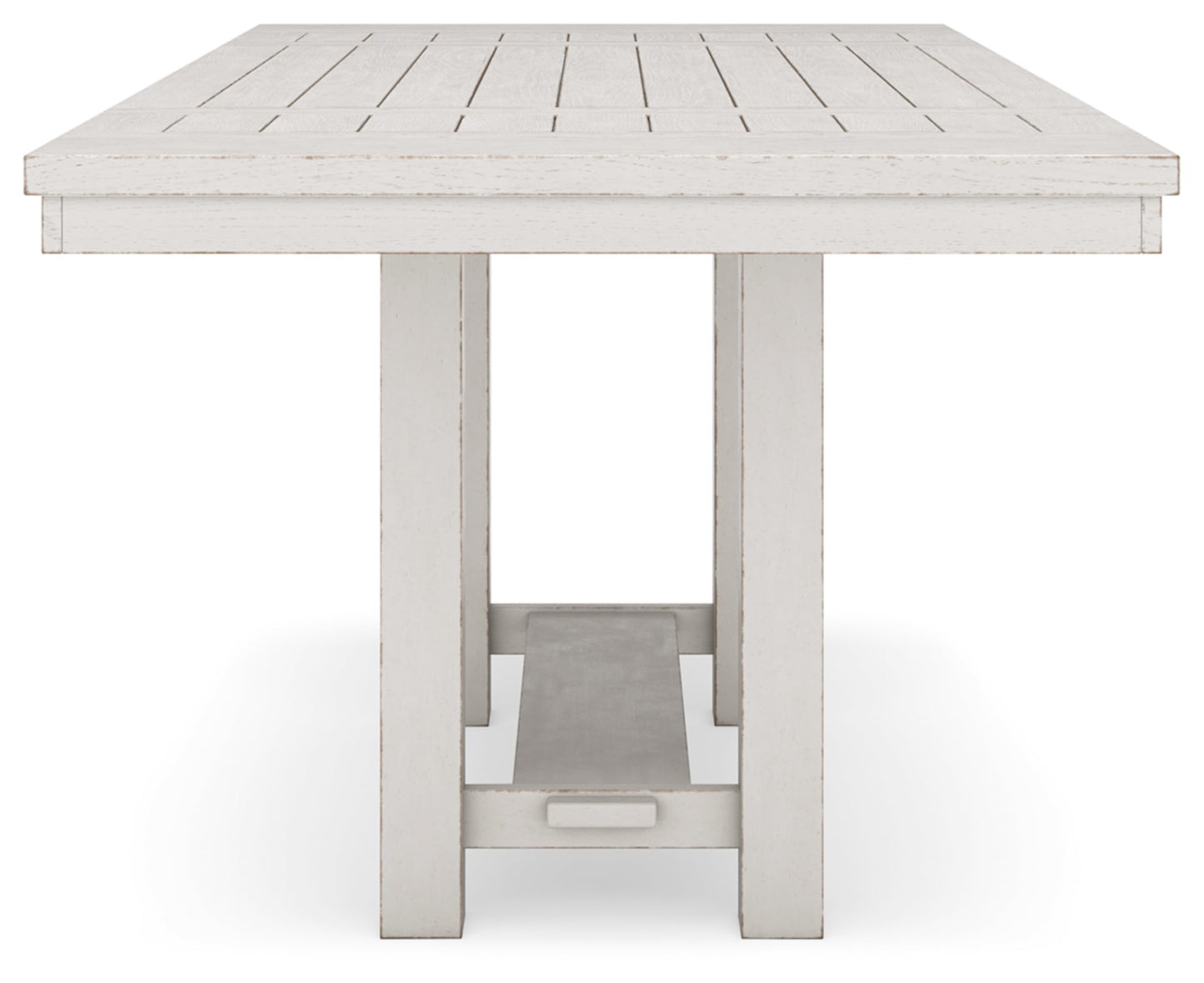 Distressed Counter Height Dining Extension Table with Trestle Base, Planked Effect and 2 Removable End Leaves, White