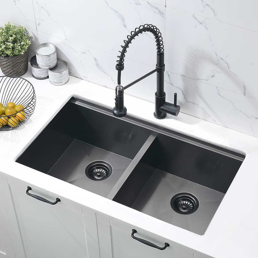 33 Inch Double Bowl Undermount Kitchen Sink Workstation-33x19 Double Bowl Kitchen Sink Undermount Black Stainless Steel 16 Gauge Deep Low Divided 50/50 Undermount Double Bowl Kitchen Sink