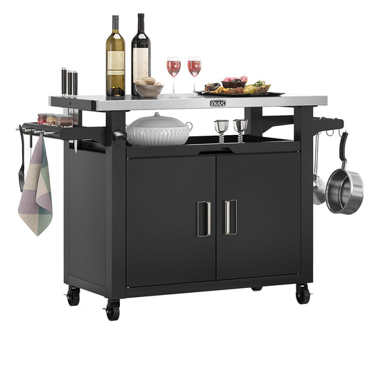 Outdoor Grill Cart with Storage Cabinet Metal Kitchen Island Prep Table with Movable Universal Wheels and Stainless Steel Top for Outside BBQ Backyard Include Hooks Spice Rack