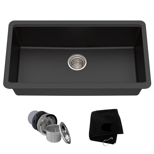 31-inch Undermount Single Bowl Granite Kitchen Sink in Black Onyx