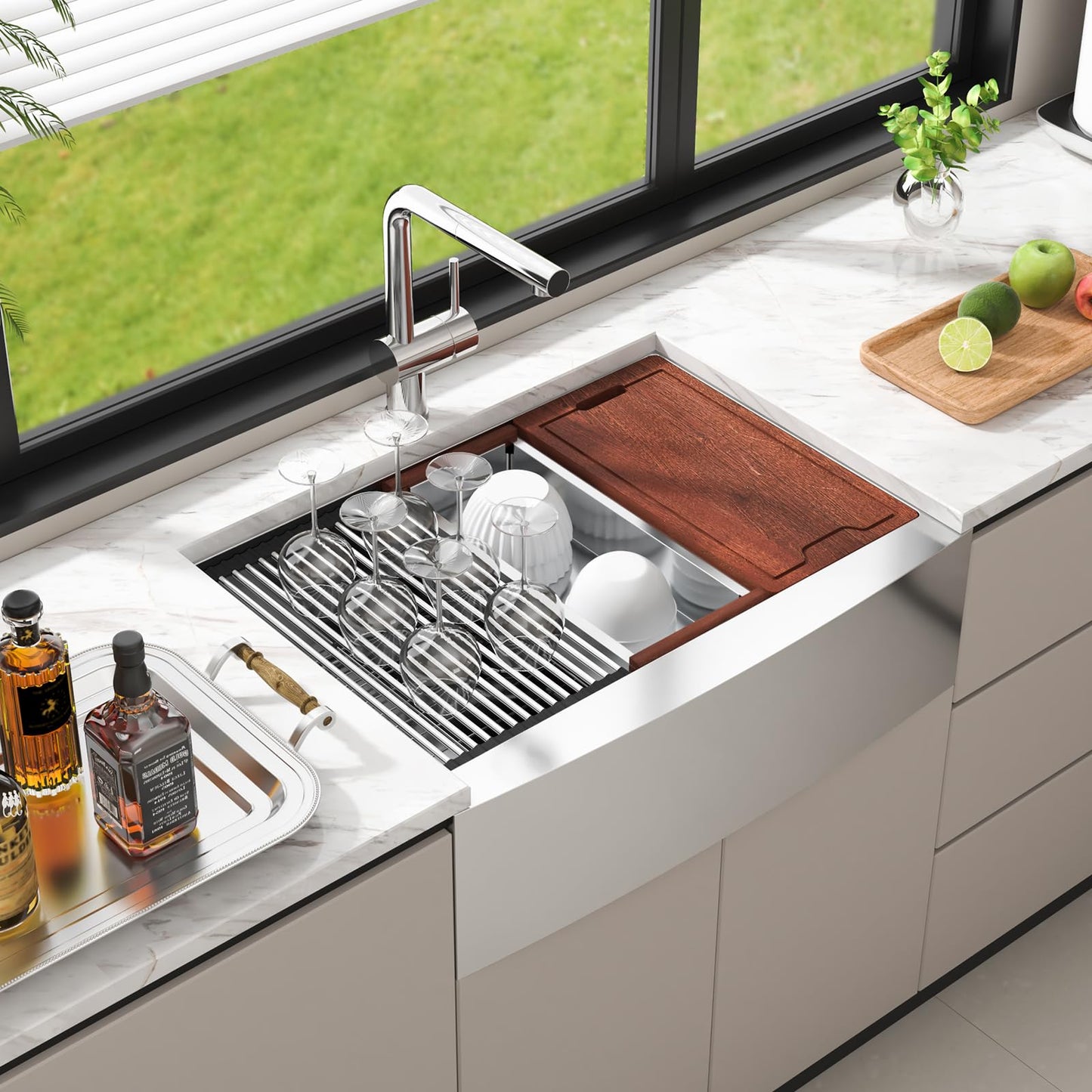 33 inch Farmhouse Kitchen Sink, 304 Stainless Steel Sink, Top Mount Single Bowl Kitchen Sinks with Ledge & Accessories, Household Dishwasher Sinks for Farm, Prep Kitchen, Garage and Bar Sink