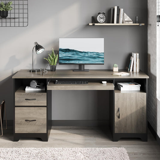 59” Executive Desk with 2 Drawers, Computer Desk with Storage Cabinet, Industrial Wood Desk with File Drawer, Keyboard Tray & 2 Pedestals for Home Office & Studio, Gray