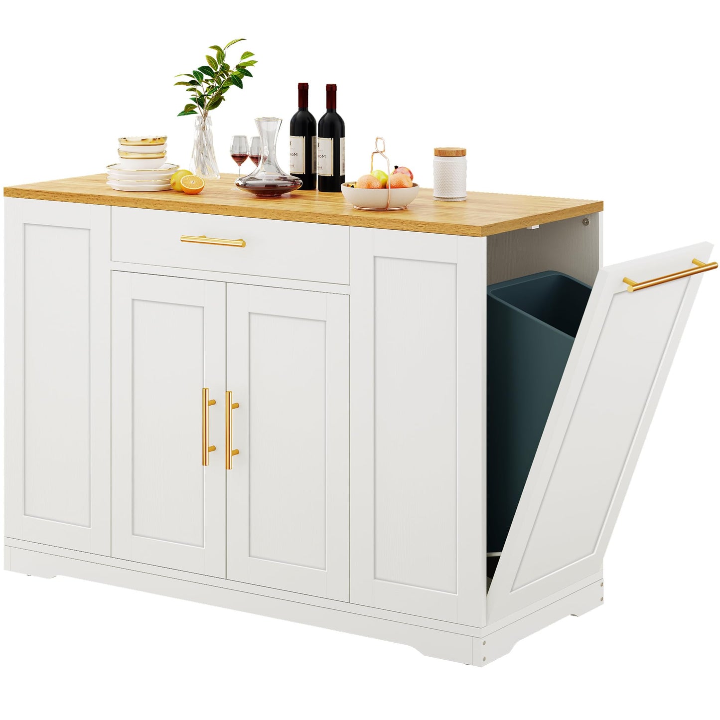 53 inch Large Rolling Kitchen Island with Trash Can Storage Cabinet, Portable Mobile Islands Table Long Floating Movable w Wheels Cabinet for 13 Gallon Garbage Bin 2 Drawer, White Oak