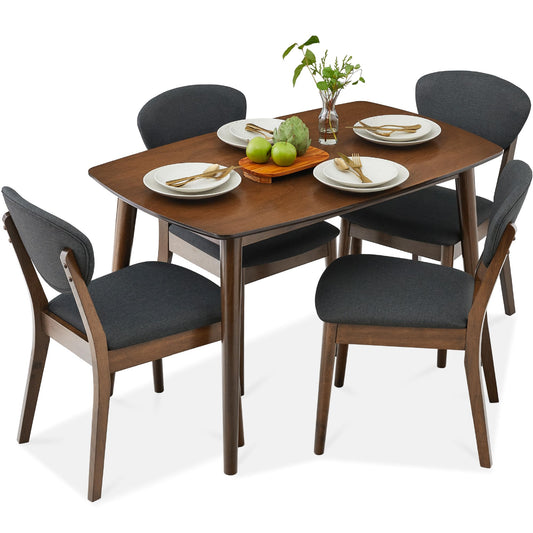 5-Piece Dining Set, Compact Mid-Century Modern Table & Chair Set for Home, Apartment w/ 4 Chairs, Padded Seats & Backrests, Wooden Frame - Walnut/Charcoal