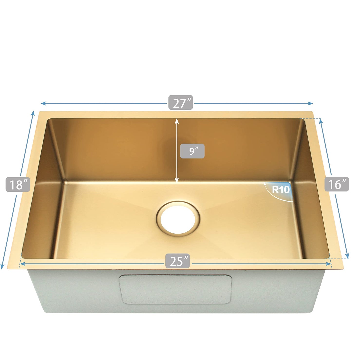 Gold Kitchen Sink 27x18 inch,Undermount Single Bowl Kitchen Sink,Stainless Steel Kitchen Sink