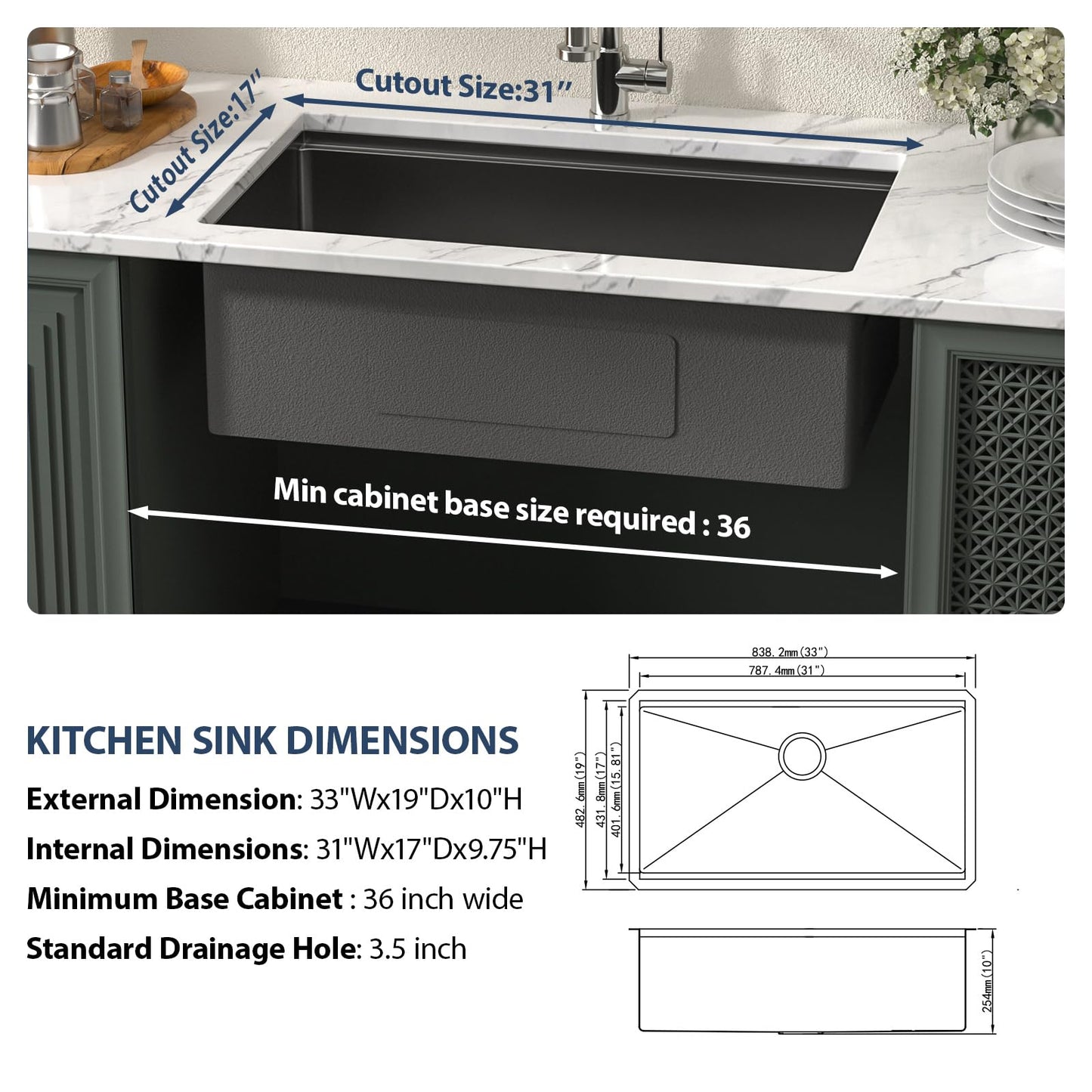 33 Black Kitchen Sinks - 33 Inch Undermount Kitchen Sink Workstation Gunmetal Black 16 Gauge Stainless Steel Deep Single Bowl Under Counter Handmade Sinks Basin with Built-in Accessories