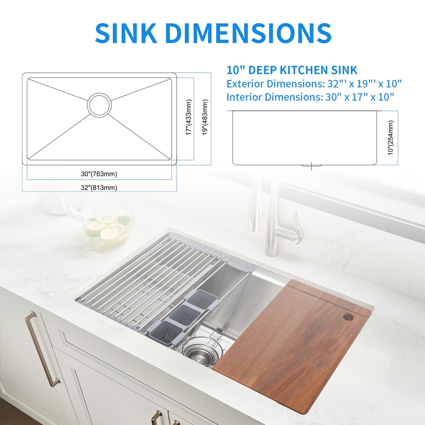 32" x 19" Multifunctional Undermount Workstation Kitchen Sink S304 Stainless Steel Handmade Modern Single Bowl Kitchen Sink with Accessories and Integrated Ledge - 10 Inch Depth