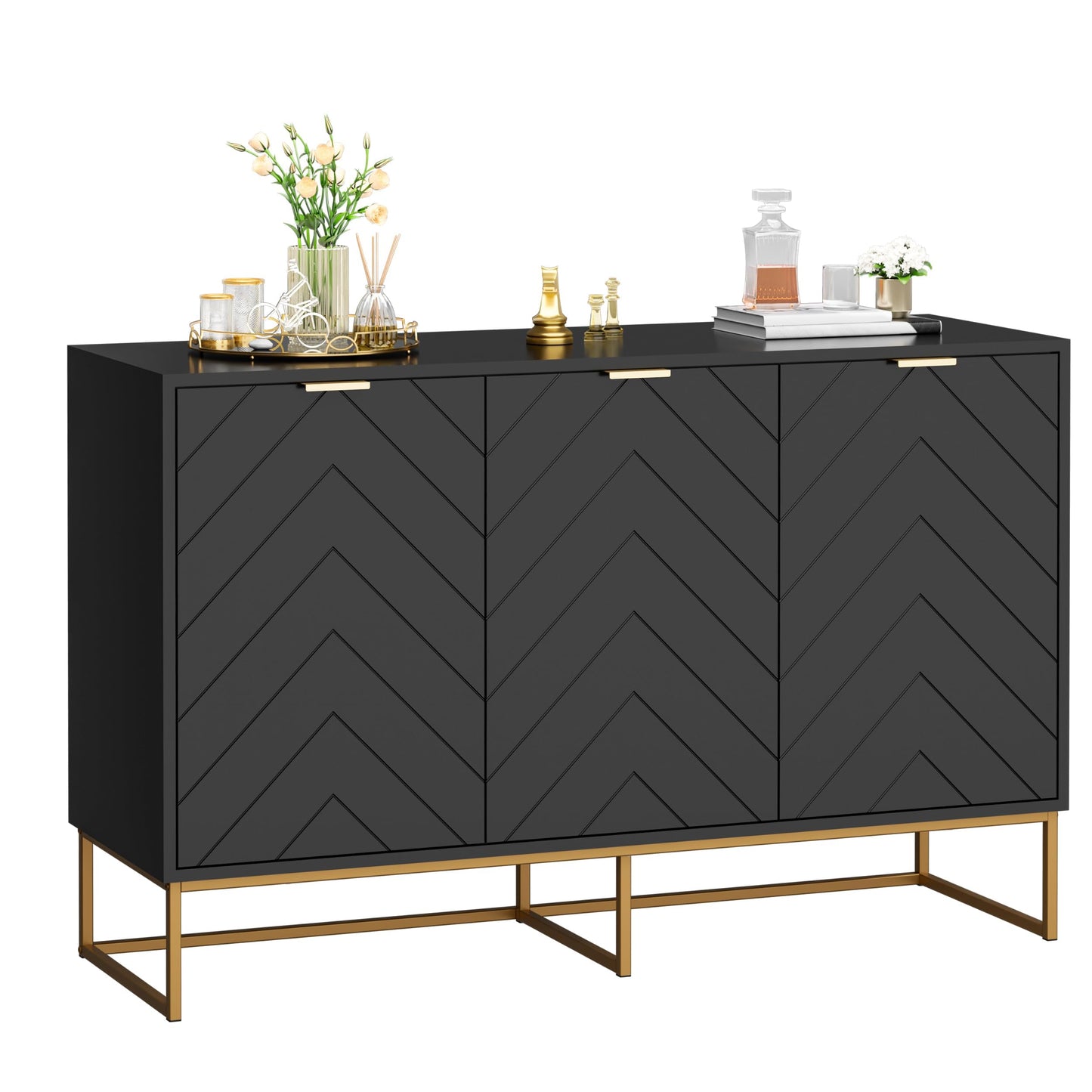 Black Sideboard Buffet Cabinet with 3 Doors, Sideboard Buffet Cabinet with Adjustable Shelf, Accent Sideboard Storage Cabinet, Antique Cabinet for Living Room&Kitchen