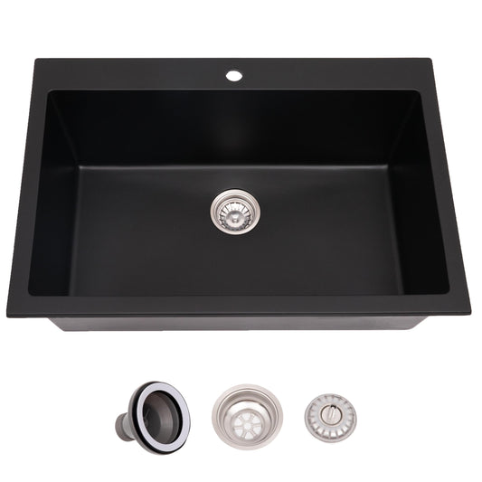 33 inch Black Quartz Single Bowl Kitchen Sink, Dual Mount Kitchen Sink, Granite Composite Matte Black Kitchen Sink, 33 x 22 x 9 inch Deep Workstation Sink for Kitchen with Drain