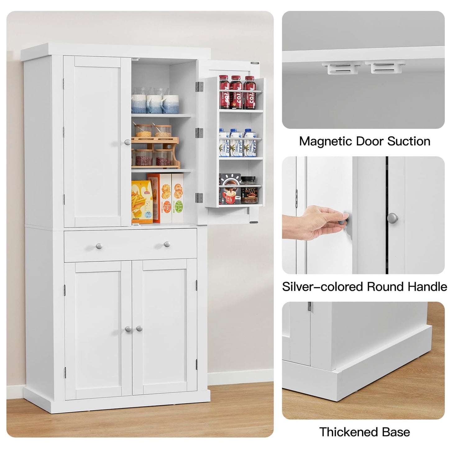 72” Kitchen Pantry Cabinet, Tall Storage Cabinet with 4 Doors and 1 Drawer, Cupboard with 6 Hanging Shelves and Adjustable Shelves for Kitchen, Dining Room, Living Room, White