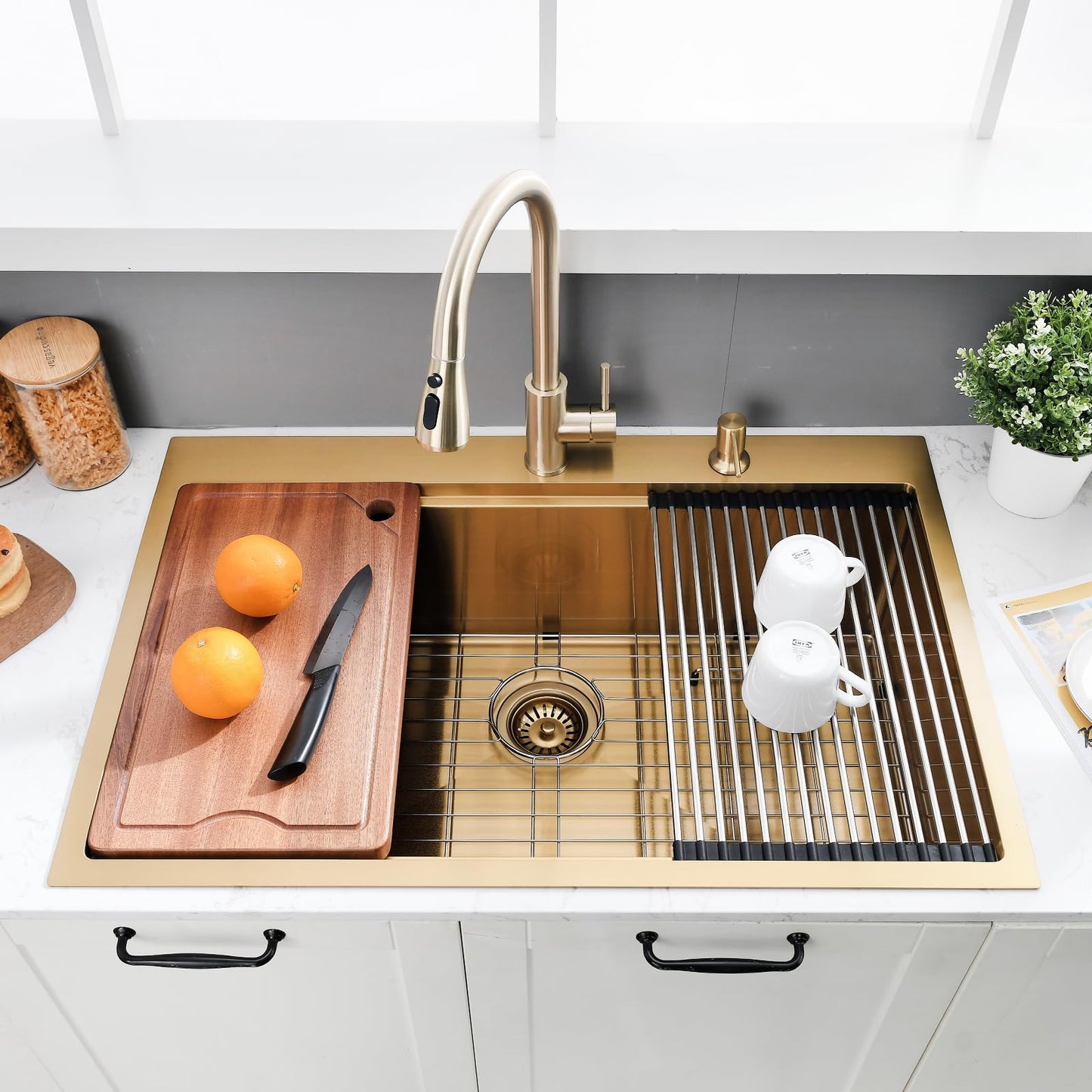 33 Inch Gold Kitchen Sink Drop In-33×22 Drop-In Kitchen Sink Gold Workstation Kitchen Sink 16-Gauge Gold Stainless Steel Kitchen Sink 10 Inch Deep Single Bowl Kitchen Sink with Cutting Board