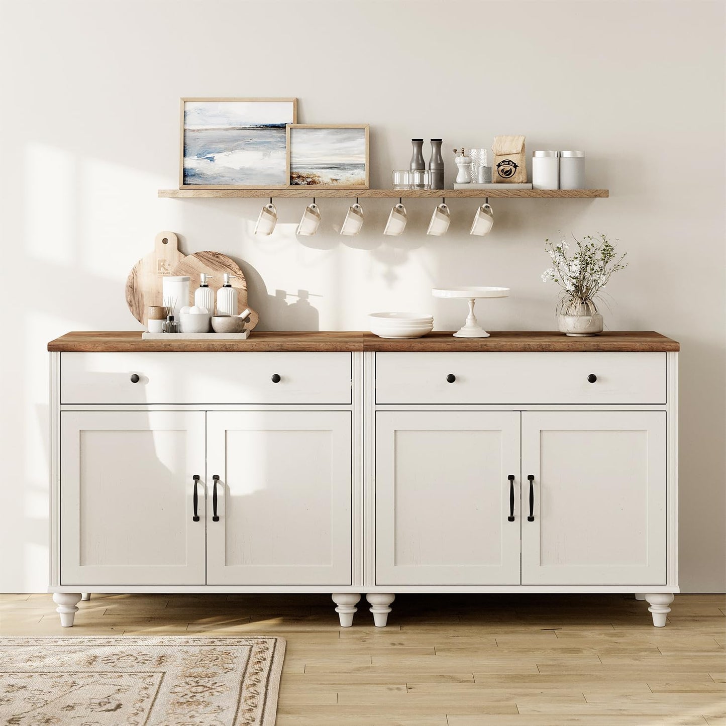 Buffet Cabinet with 4 Doors and 2 Drawers, Large Coffee Bar Tables Wood Kitchen Storage Cabinets with Storage Cabinets, Modern Farmhouse Sideboard Credenza for Dining Room, Off White, 68 inch