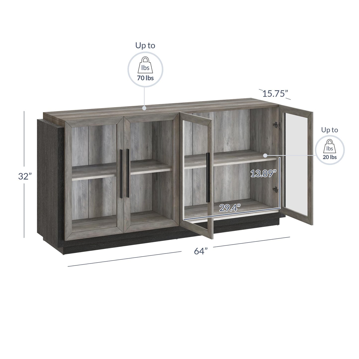 Sideboard Buffet Cabinet, Modern Wood Glass-Buffet-Sideboard with Storage, Console Table for Kitchen, Dining Room, Living Room, Hallway, or Entrance - Brixston (Grey)