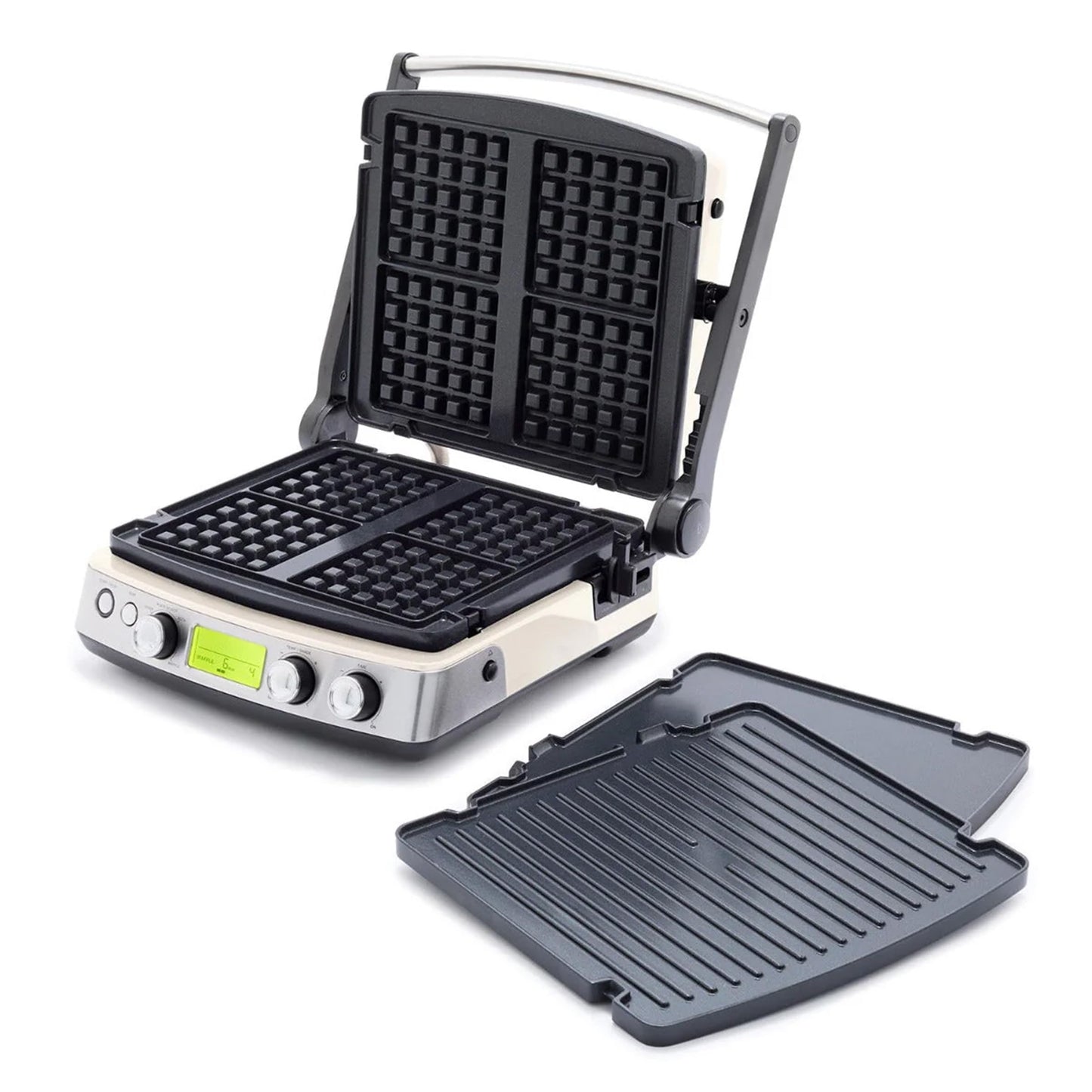 Elite 7-in-1 Multi-Function Contact Grill & Griddle, Healthy Ceramic Nonstick Aluminum, Grill & Waffle Plates, Adjustable Shade & Shear, Closed Press/Open Flat Surface, PFAS-Free, Cream White