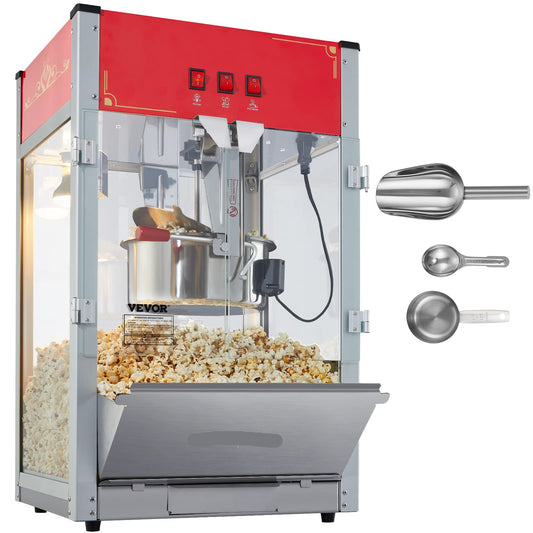 Commercial Popcorn Machine, 12 Oz Kettle, 1440 W Countertop Popcorn Maker for 80 Cups per Batch, Theater Style Popper with 3-Switch Control Steel Frame Tempered Glass Doors 1 Scoop 2 Spoons, Red