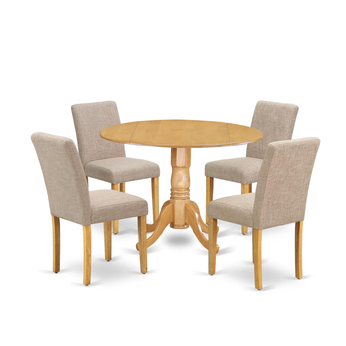 5 Piece Dinette Set for 4 Includes a Round Dining Room Table with Dropleaf and 4 Light Tan Linen Fabric Parsons Dining Chairs, 42x42 Inch, Oak