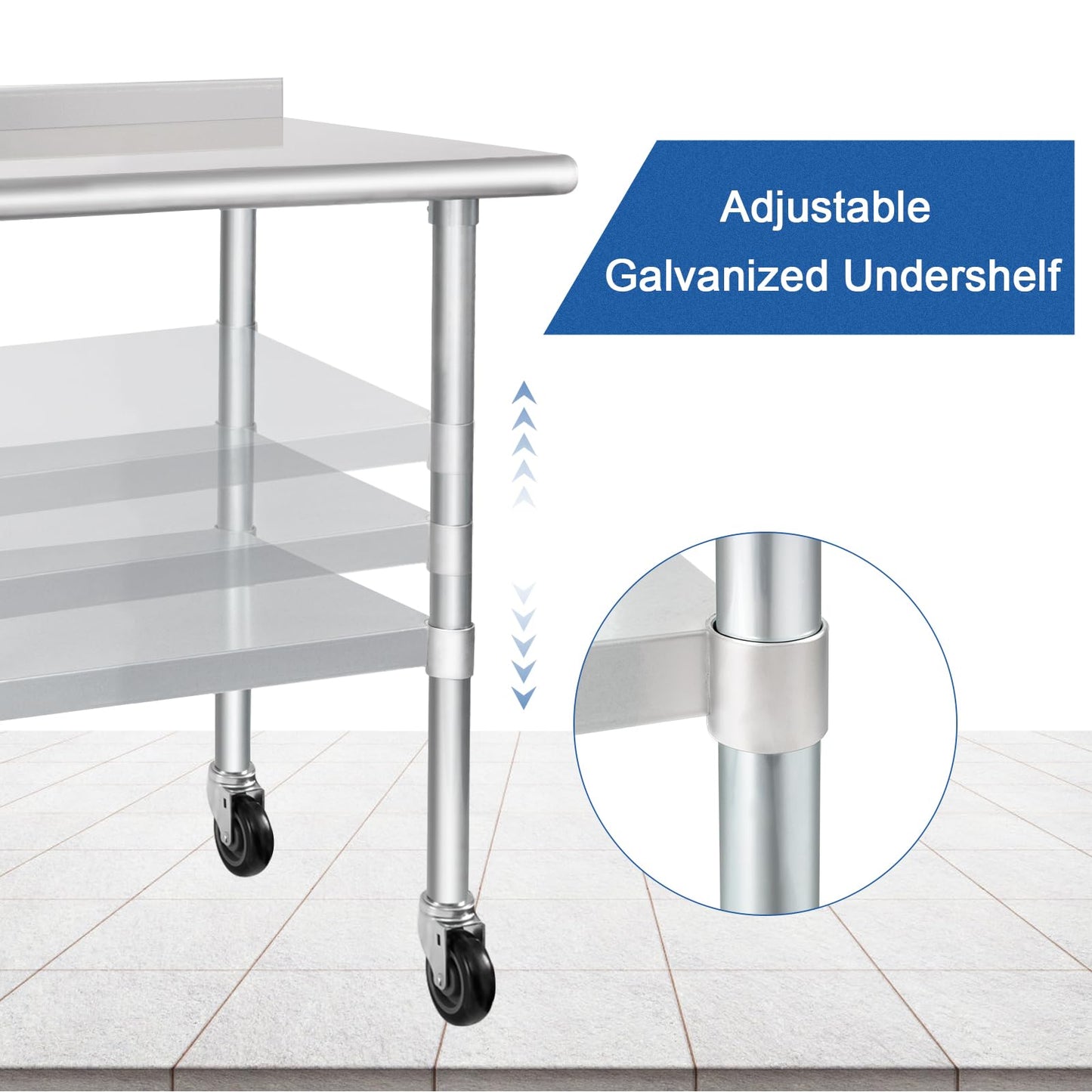 Stainless Steel Table 30 x 48 Inches with Wheels Casters NSF Heavy Duty Commercial Prep Table with 2” Backsplash and Adjustable Undershelf for Restaurant Kitchen Home and Hotel