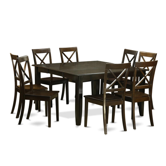 9 Piece Modern Dining Table Set Includes a Square Wooden Table with Butterfly Leaf and 8 Kitchen Dining Chairs, 54x54 Inch, Cappuccino