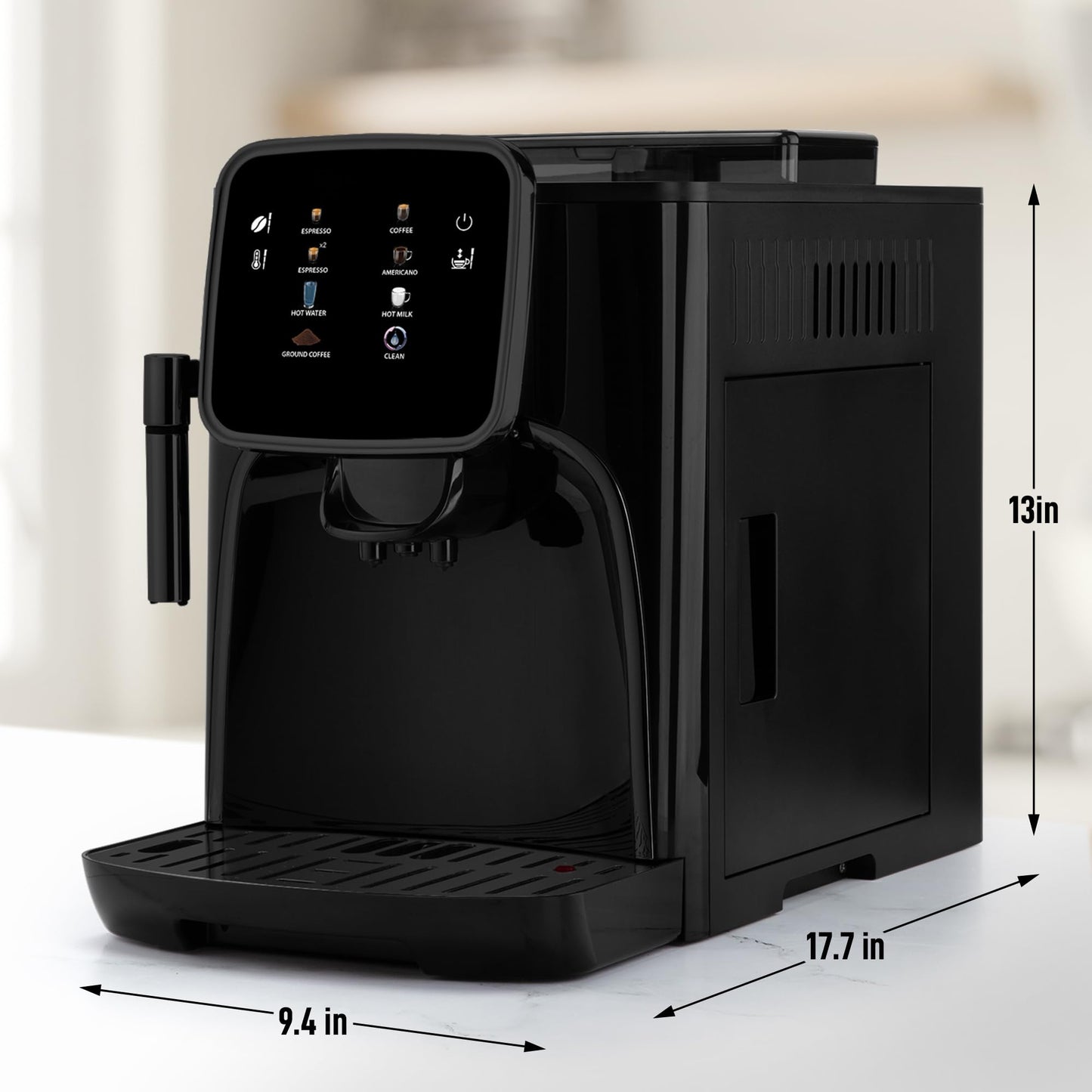 Fully Automatic Espresso Machine With Grinder - Touch Screen Coffee Maker With One-Touch Operation - Milk Foam System For Latte, Cappuccino, Macchiato - Black