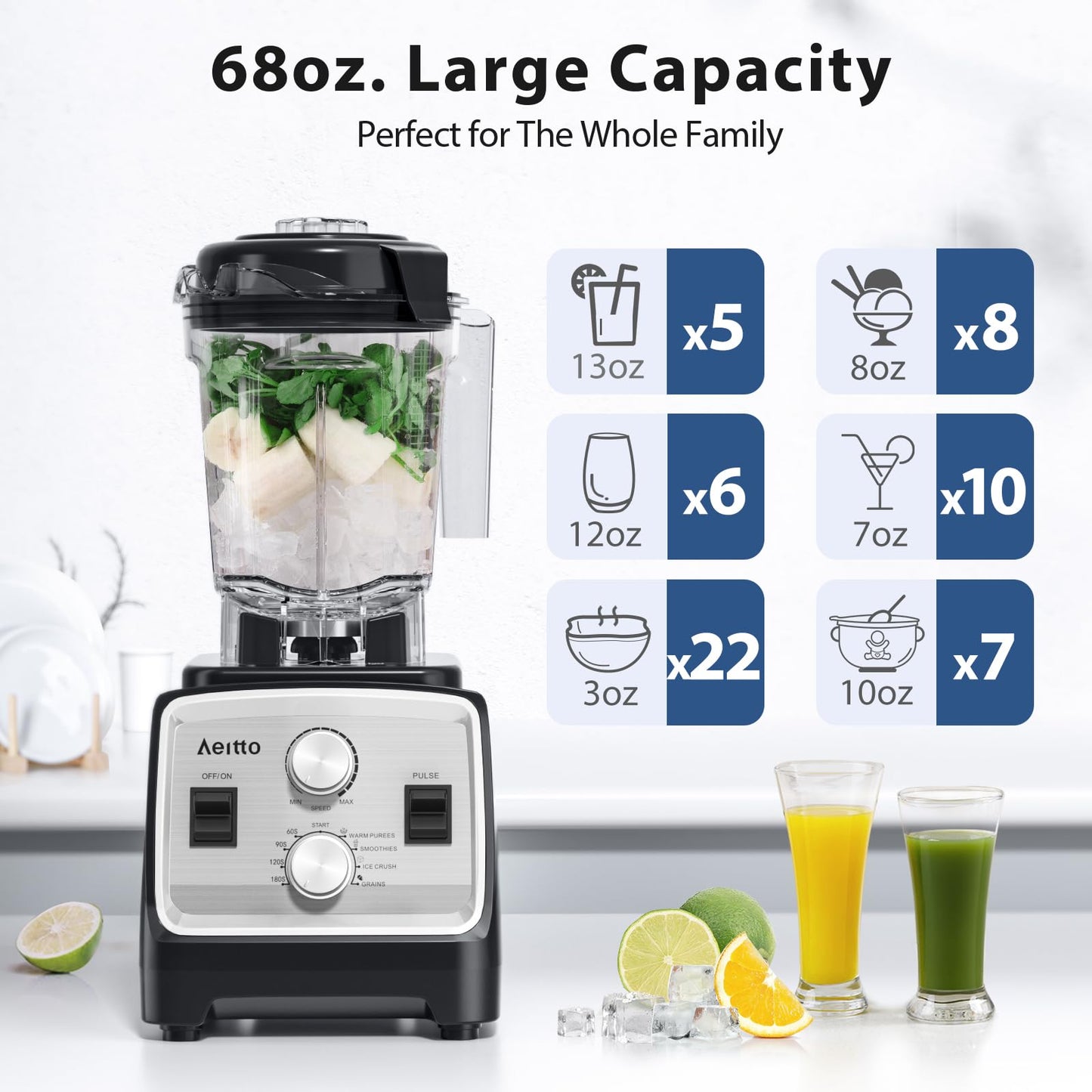 Blender, Blenders for Kitchen with 1800W Motor Large Capacity, 2-in-1 Blender & Grinder Combo, BPA-Free Countertop Professional Blender for Smoothies, Ice Crush, Frozen Drinks, Silver