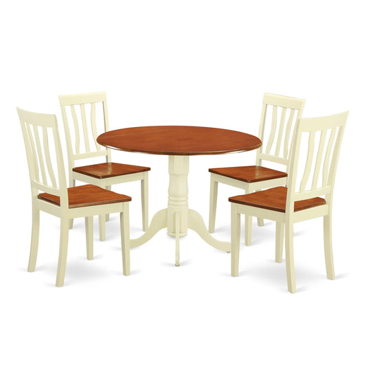 5 Piece Kitchen Table & Chairs Set Includes a Round Dining Room Table with Dropleaf and 4 Solid Wood Seat Chairs, 42x42 Inch, Buttermilk & Cherry